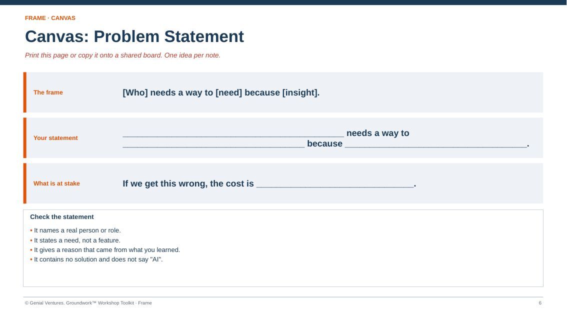 Printable canvas for Problem Statement