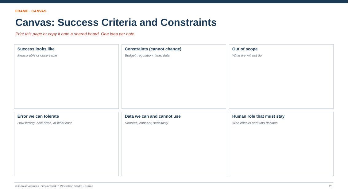 Printable canvas for Success Criteria and Constraints